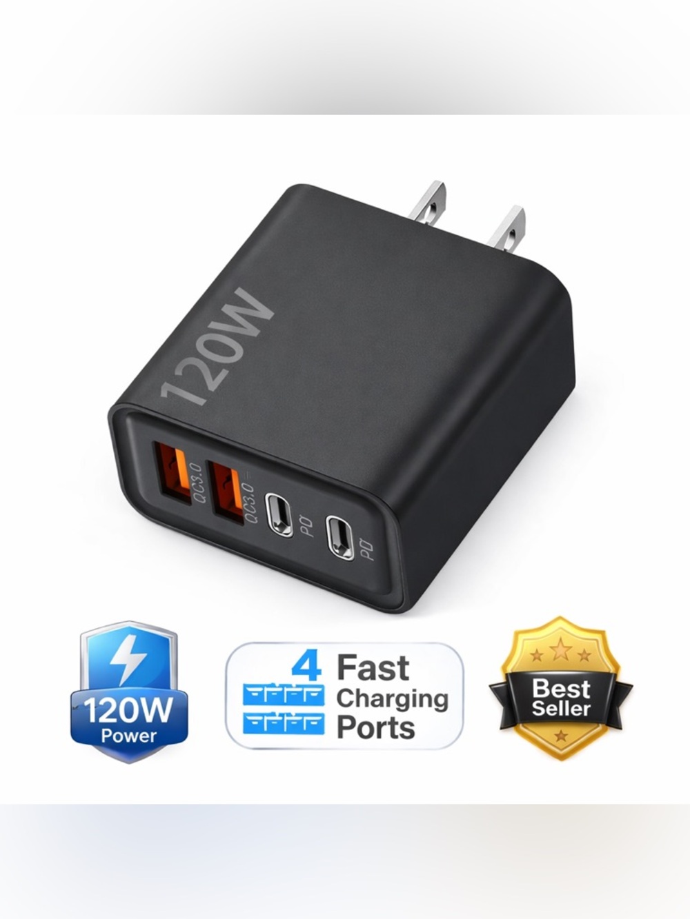 120W 4-Port Fast Charger USB-C & USB Wall Adapter (Black)